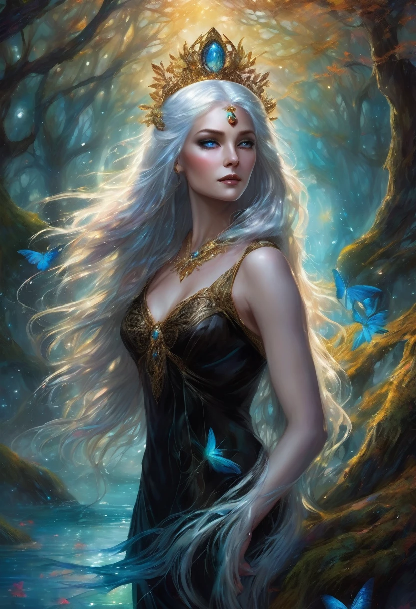 Portrait of a stunningly beautiful woman with flowing white hair, a majestic raven on her shoulder, and wearing elegant black attire that is sexy but not vulgar. She wears a crown adorned with crimson diamonds. Her eyes are a mesmerizing contrast—one golden, the other azure. Set in a vivid, magical realm, surrounded by mythical creatures like luminous fairies, ancient tree guardians, and shimmering water spirits. She stands in an enchanted forest bathed in moonlight, exuding the powerful and serene aura of a goddess