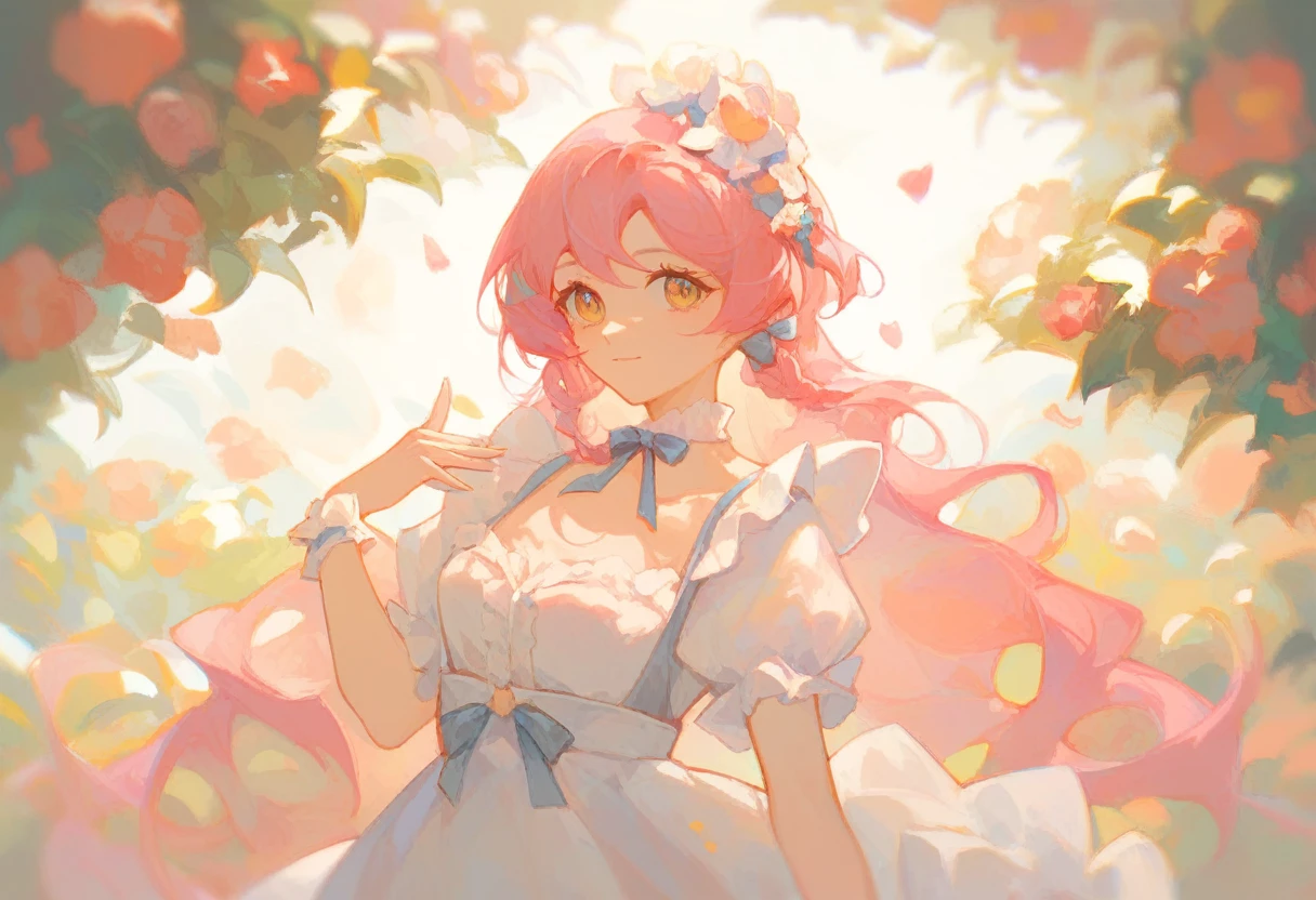 1 girl, very long hair, short skirt, cute, flowers, light, live, upper body, pose, hand up, pink hair , lolita