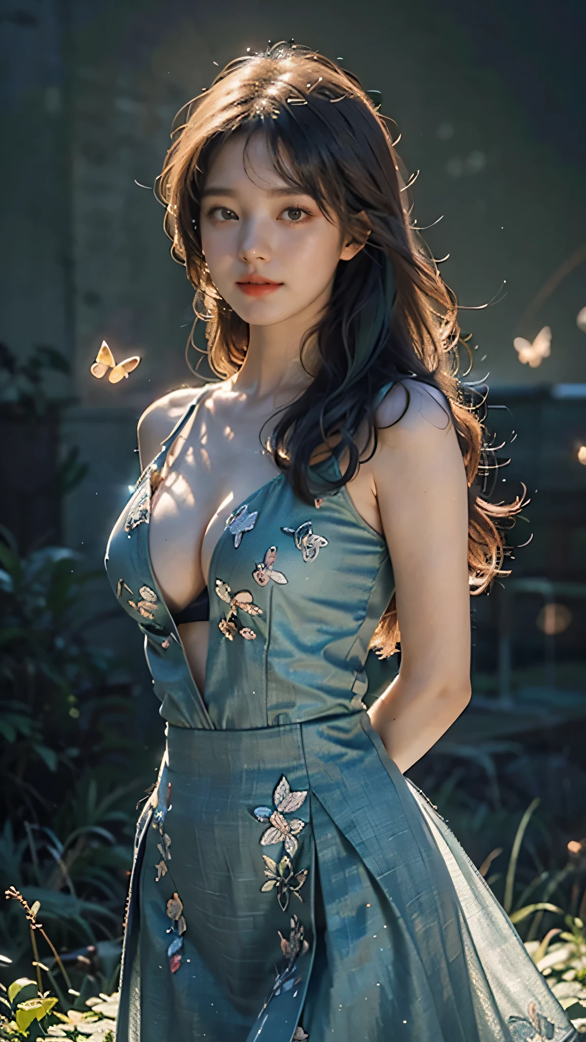 1girl, masterpiece, extremly detailed, ((Cinematic lighting)), (glowing), ((dramatic lighting)), ((beautiful detailed glow)), intricate detail, lens flare, multicolored hair, rainbow hair, long hair, multicolored dress, butterfly hair ornament, butterflies, (light particles), Arms behind back, large breasts, [curvy], cowboy shot, light smile, green eyes, stained glass, spotlight, dark background, floating hair, floating hair, looking at viewer,((colorful))