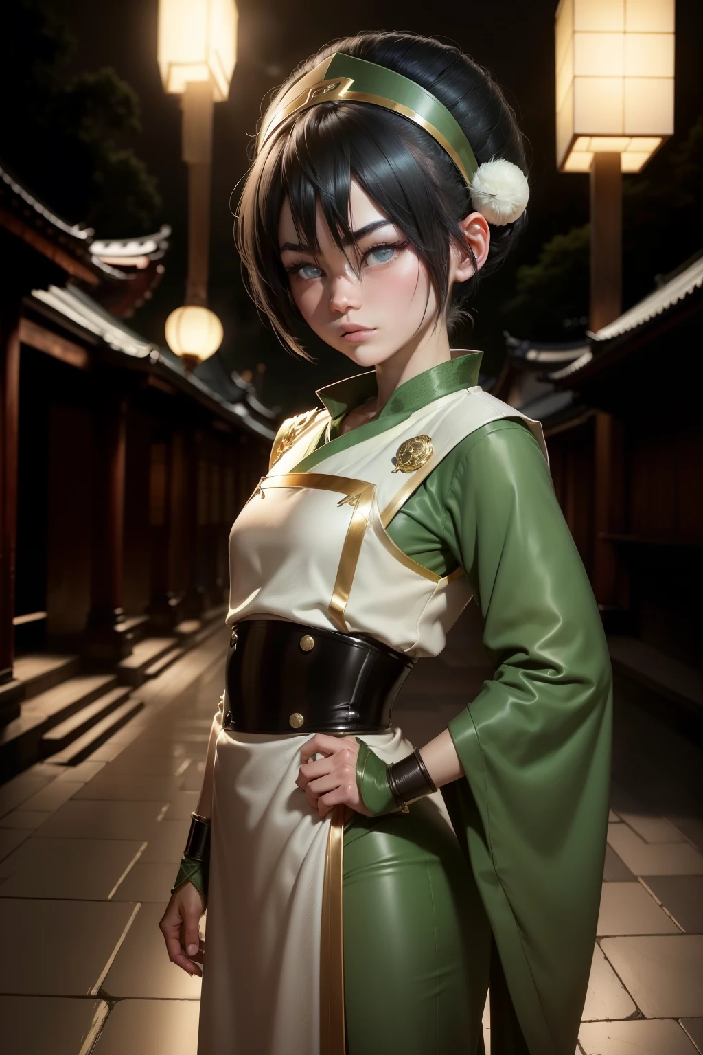 Ultra detailed ,beautiful ,Toph beifong , 10 year old  girl ,japonese  girl ,1girl , flat chest , green chinese dress ,coxas  sexy , Black hair, blind ,night , japonese temple  background ,Beautiful face , standing  , Wallpaper. 