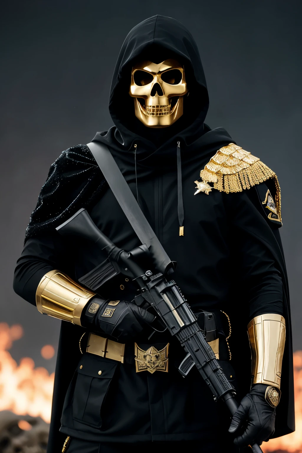 , 1 Gosth de call of duty ,gold mask in the shape of a skull, with a black cape and a hood ,specnas military clothing, black military vest with military insignia that says the word "SlGmA", blue and gold sparkles, a gold cr56 amax weapon with telescopic sight, at the waist a golden desert eagle weapon,