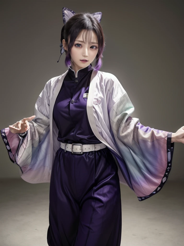 masterpiece, Highest quality, High resolution, One girl, alone, kochou shinobu, Butterfly Hair Ornament, Purple eyes, Multicolored Hair, short hair, Parted bangs, Haori, Wide sleeves, Long sleeve, Black trousers, Black jacket, belt, Cowboy Shot, Have a weapon, sword