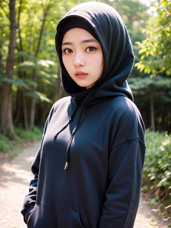 Super realistic, hdr, 4k, detailed, Hijab, Japanese girl, glow skin, sad face, Mole in Cheek, forest, black Hoodie