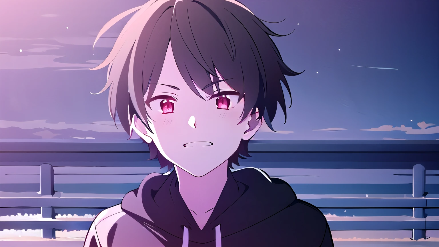  skinny, femboy, solo, 1boy, man, male A gloomy appearance,innocent smile,very short hair, short cut hair, black hair, red eyes,messy hair, bangs, messy bangs, cowlick, black hoodie, upper body, theme dark, night, moonlight