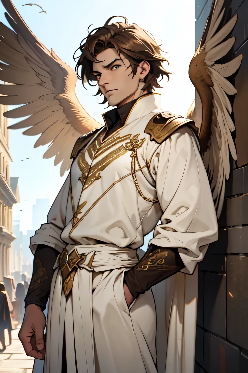 (work of art, best qualityer, ultra HD, 8k, wall-paper), Cinematic sensation, perfects eyes, detailedeyes, a man with large wings like birds in brown color, wide and elegant white costume with strategic details in yellow in an era of adventure and a world of role-playing, showcasing the powerful brown tones in both of the character&#39;s eyes,, renderize a arte em uma impressionante resolução de 8k para mostrar todos os detalhes complexos, bringing the character and scene to life, set the stage under a clear, star-studded night sky, with the full moon casting its ethereal glow over the environment, capture the cinematic essence.