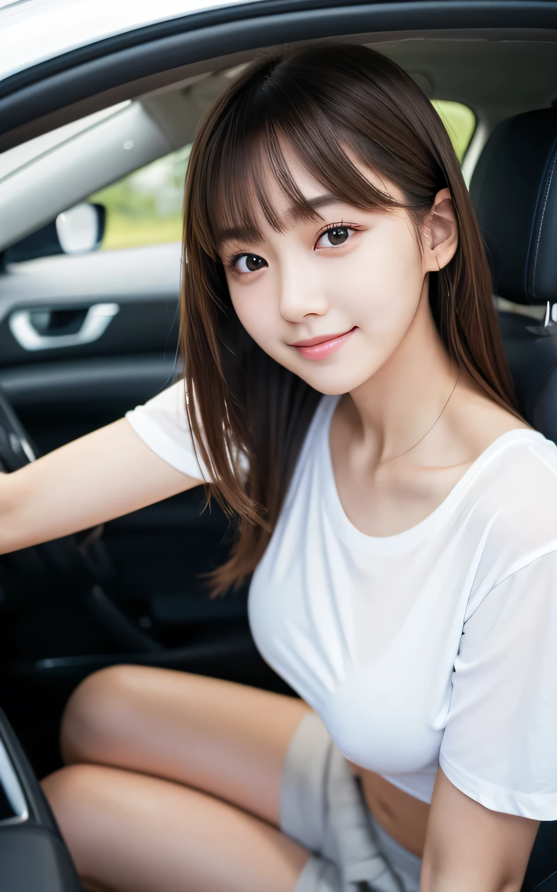 Tabletop, Highest quality, shape, Very detailed, High resolution, 8k wallpaper, Perfect dynamic composition, One Japanese woman,Beautiful and beautiful eyes, Cute eyes,In the car,Natural Lip, white T-shirt,(see-through nipples:1.1),Black miniskirt,Very fine grain definition,(Round face),beautiful girl,,Realistic,Tiny bangs,Droopy eyes,A kind smile,Brown Hair,Aligned teeth,