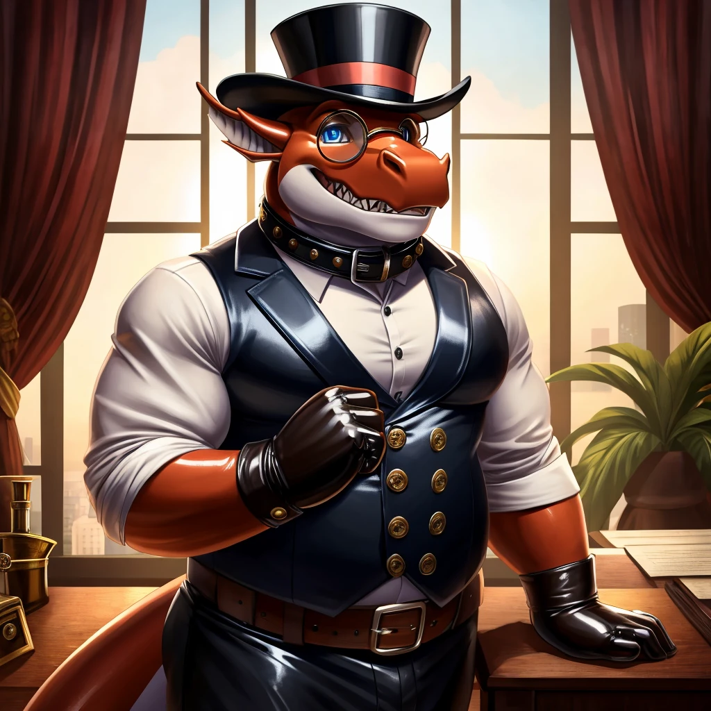 Solo, Male, fat, extremely obese, gentleman, dapper Professor Dragon, blue eyes, (posing:1.3), (soft shading), 4k, hi res, ((detailed face, detailed)), looking at viewer, mouth wide open, steampunk, dapper clothing, collared shirt with buttons, top hat, male focus, Explorer Outfit, glasses, monocle, vest with buttons, sleeves rolled up, round eyewear, brown headwear, brown vest, office, Dragon is wearing a glossy leather dog collar around the neck, Dragon is wearing the leather collar and shirt and vest at the same time, Dragon is wearing glossy white rubber gloves on the hands, wearing white rubber gloves on the feet, gloves are rubber in texture, clenching teeth, clenching fists, leather collar is glossy and shiny with a lot of detail, Dragon is wearing gloves and leather collar at the same time, leather collar has a round dog-tag, leather collar is thick and detailed, leather collar is glossy and shiny, fancy clothing, dapper vest, dapper shirt, leather collar is thick, glossy leather collar, leather collar is thick and glossy, rolled up sleeves.