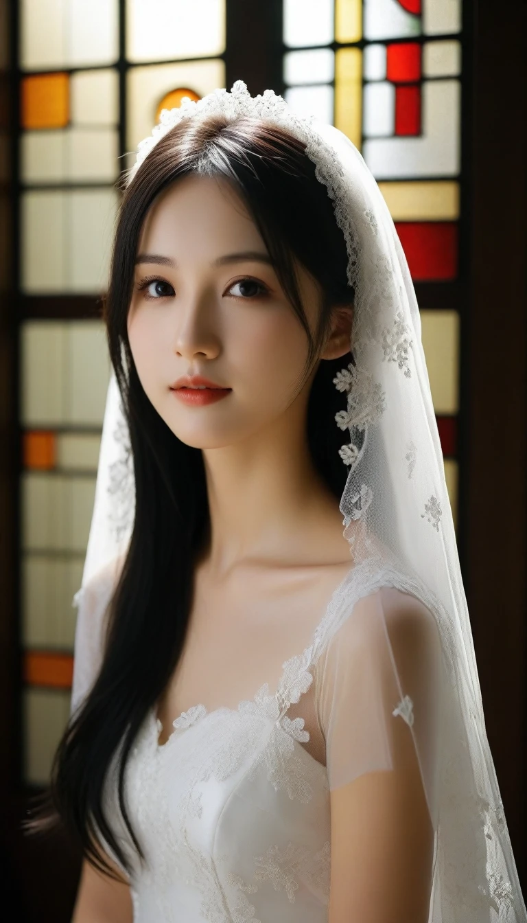 8k, Ultra-high resolution, Highest quality, masterpiece, 三分割法によるphotograph,Surreal, photograph, 1 Girl, (16 years old:1.3), pretty girl, Cute Face, Beautiful eyes in every detail, 細かくdetailedに,masterpiece,One Girl:1.2,Japan Female Teachers,full body,light smile,Long black hair,Straight long hair,(印象派の美しい少女のPortraiture),(Impressionist light and colour), (White Wedding Dress:1.3),(Fairy, bride, Shiny Hair, Beautiful dark eyes, So cute and beautiful,16 years old, ), (smile:0.8),Sharp contours,Looking down, (Wedding Veil,White lace), ((Gothic cathedral)), (Stained Glass Windows:1), indoor, Light from above, Low contrast, (Side view),, Perfect and beautiful face ,完璧でCute Face, Skin with attention to detail, Perfect limbs、Narrow waist,Looking at the audience,(((Ideal body type))),A cup small breasts :2,Portraiture:2,Perfect Anatomy,鮮明なdetailed,detailed,Surreal,Light and shadow,glowing