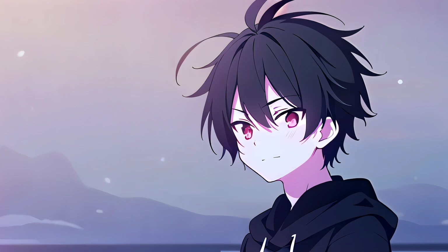  skinny, femboy, solo, 1boy, man, male A gloomy appearance,innocent smile,very short hair, short cut hair, black hair, red eyes,messy hair, bangs, messy bangs, cowlick, black hoodie, upper body, theme dark, night, moonlight