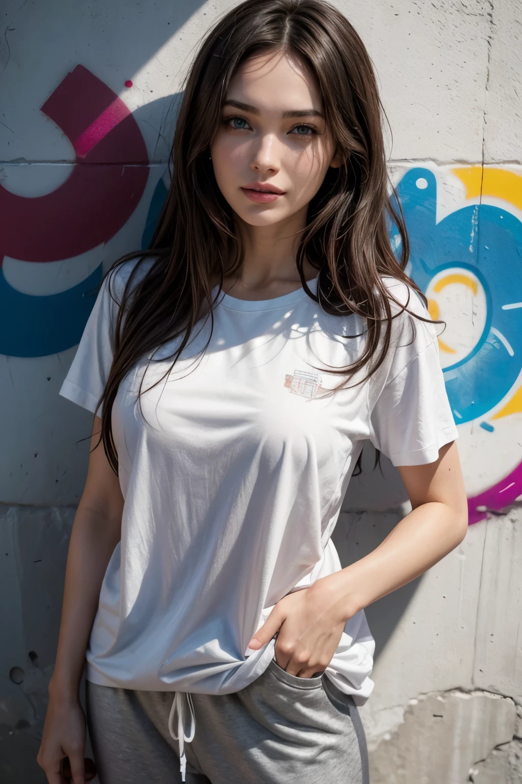 Mujer arafed con long loose white t-shirt, short sleeve t-shirt, round neck t-shirt leaning against a wall, 22 year old girl, shaped body, good gym, oversized jogging pants, lean against the wall, alley, (graffiti on the wall), hip hop, smiling, hands in pockets, perfectly symmetrical face, detailed skin, vivid colors, HdR, hard shadows, artistic photography, soft focus, masterpiece, Amazing, atmospheric perspective, diffusion, pore correlation, skin imperfections, 80mm Sigma f2, depth of field, intricate natural lightingMix of 5% Megan Fox y 15% Gal Gadot and 20% Blake Lively, long loose white t-shirt, short sleeve t-shirt, round neck t-shirt and tight pants