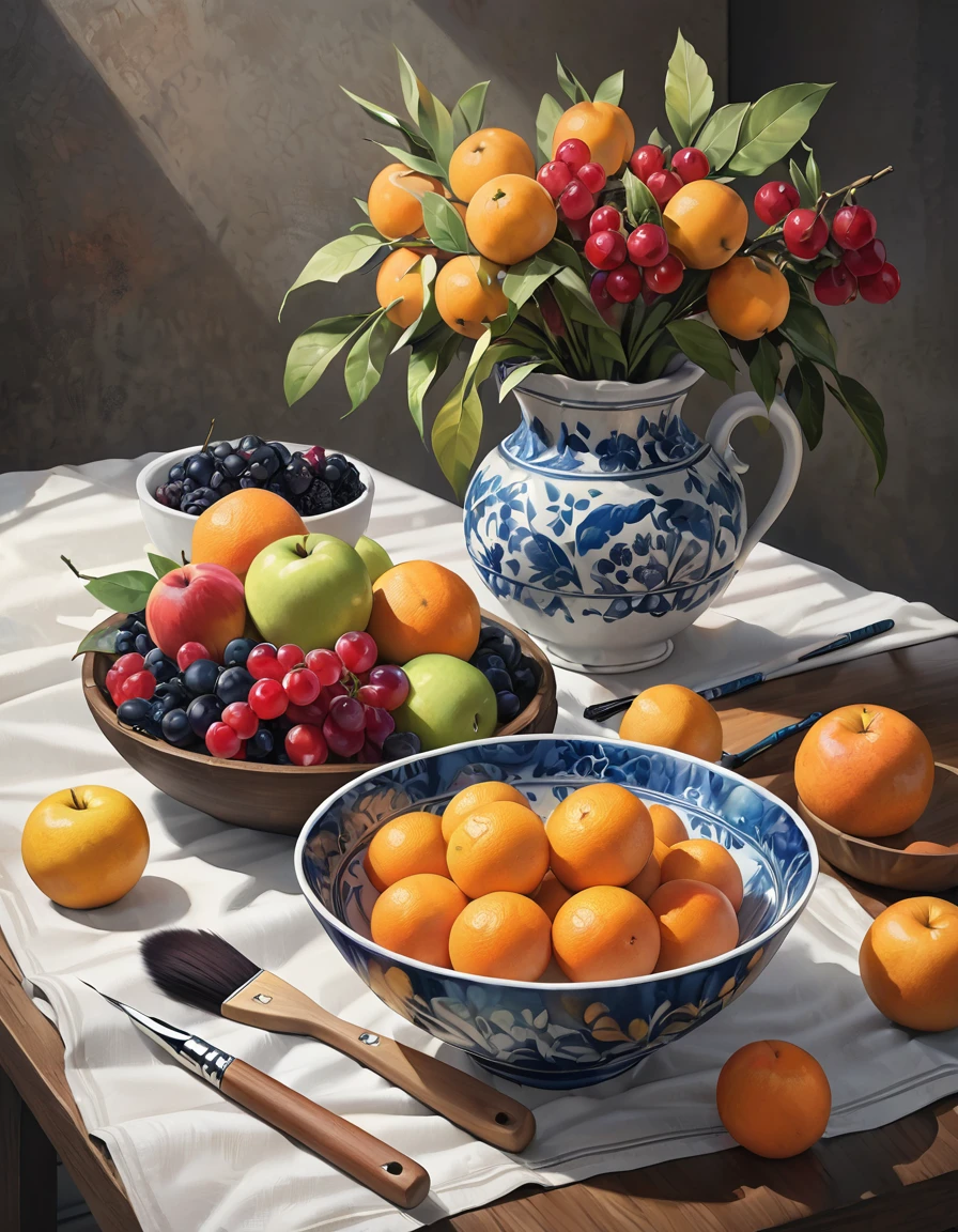 A realistic digital painting of a still life with visible brush strokes, featuring a bowl of fruit on a table. The painting should showcase the texture of the fruits' skins and the surface of the table, with detailed, colorful, and textured brush strokes adding depth and realism to the composition.