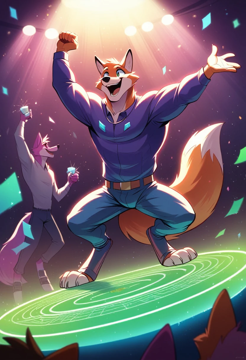 anthropomorphic purple fox, handsome, playing at a party, super epic being a happy DJ, will be on the side playing music while people are dancing, dynamic lights and flashy particles, epic artwork , smiling, happy face, dynamic lighting, illustration, beautiful, particles (high quality,4k,8k,High resolution,masterpiece:1.2), ultra detailed, impressionistic:showy,