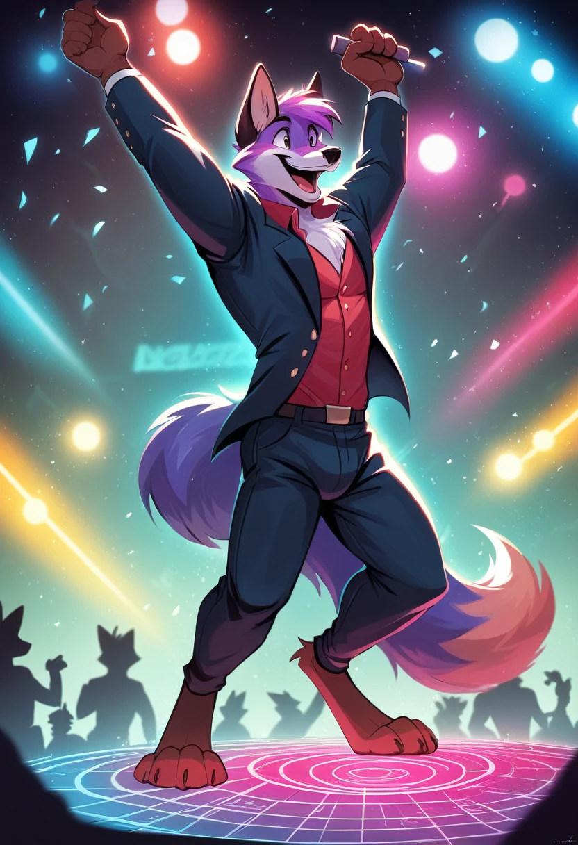 anthropomorphic purple fox, handsome, playing at a party, super epic being a happy DJ, will be on the side playing music while people are dancing, dynamic lights and flashy particles, epic artwork , smiling, happy face, dynamic lighting, illustration, beautiful, particles (high quality,4k,8k,High resolution,masterpiece:1.2), ultra detailed, impressionistic:showy,