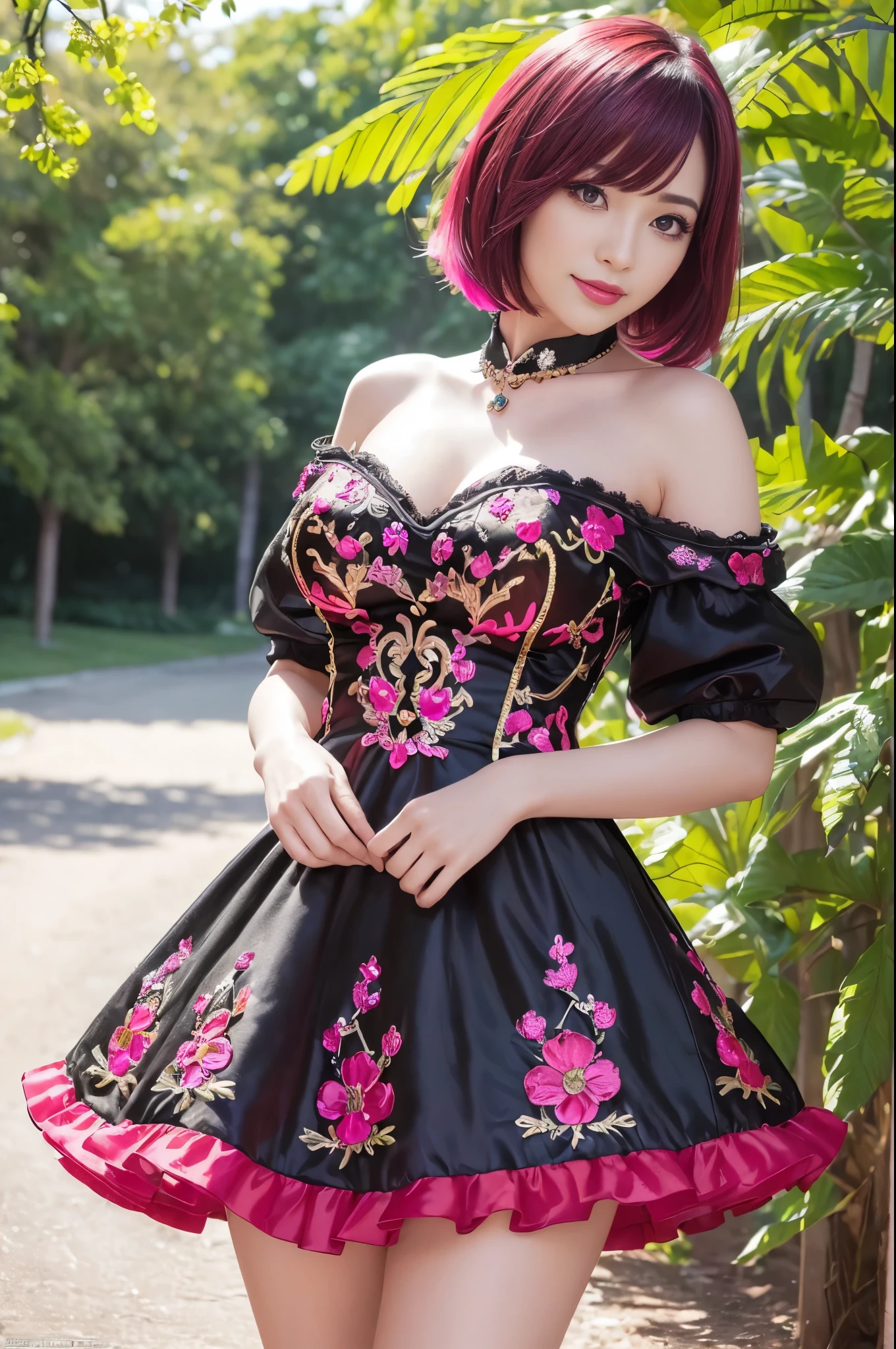 (masterpiece:1.4), (best quality:1.4), ultra high res, ultra high resolution, ((detailed facial features)), HDR, (realistic, photorealistic, photo-realistic:1.37), full body Esbian, sexy Thai model, (-anime), vivid colors, ((vivid colors multicolor (red, fuchsia) very short hair)), (happy smile), lip-gloss, long lashes, ultra detailed metallic makeup, defined eyebrows, wearing large sparkling colorful jewelery, (wearing a red silk Paradise Kiss cosplay dress with black floral embroidery), ((vivid colors outfit)), vivid colors, look at the camera, cinematic light, large park background with trees, sweet and sexy pose