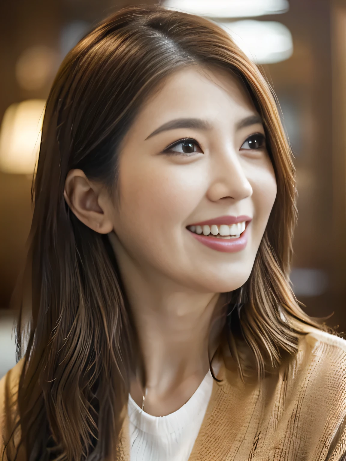 Highest quality, High resolution, realism, Original photo, 8k wallpaper, Perfect perfection, Professional Lighting, Very detailed, beautiful woman with depth of field)), Close-up photo with focus on face、Big Laugh、30-year-old woman, Facing the camera、Light brown waving hair, Thick lips, Exquisitely detailed face, Eyes for exquisite detail,
