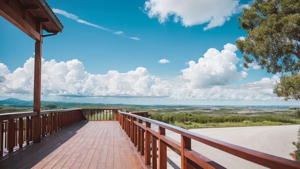 Highest quality, High resolution,Home, blue sky, White cloud, wood, road, handrail, Red roof, Brown by