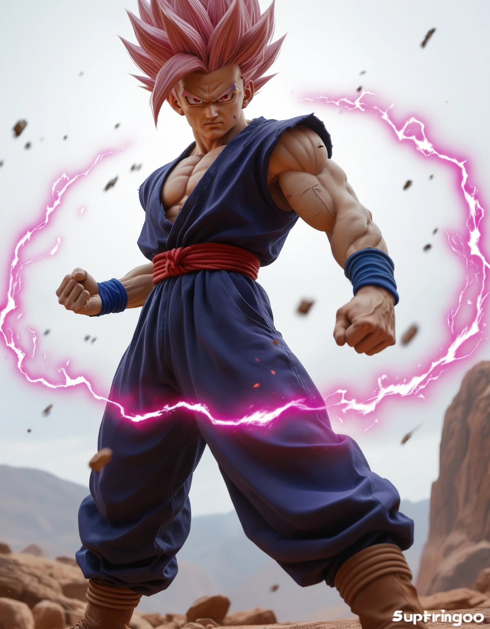 Vibrant, dynamic anime-style illustration featuring a muscular character Gohan with spiky pink hair, standing in a powerful pose. The character has a determined expression, with clenched fists and a strong stance. He is dressed in a white scarf, purple pants, and brown boots, with blue wristbands. The background is a mix of dark and bright colors, with a glowing aura surrounding the character, adding to the intense atmosphere. The image includes a watermark with the text 'JPRINNIAO' in a stylized font, located at the center of the image. The overall composition is energetic and dramatic, emphasizing the character's strength and power. anime, anatomically correct, super detail, high quality, 4K