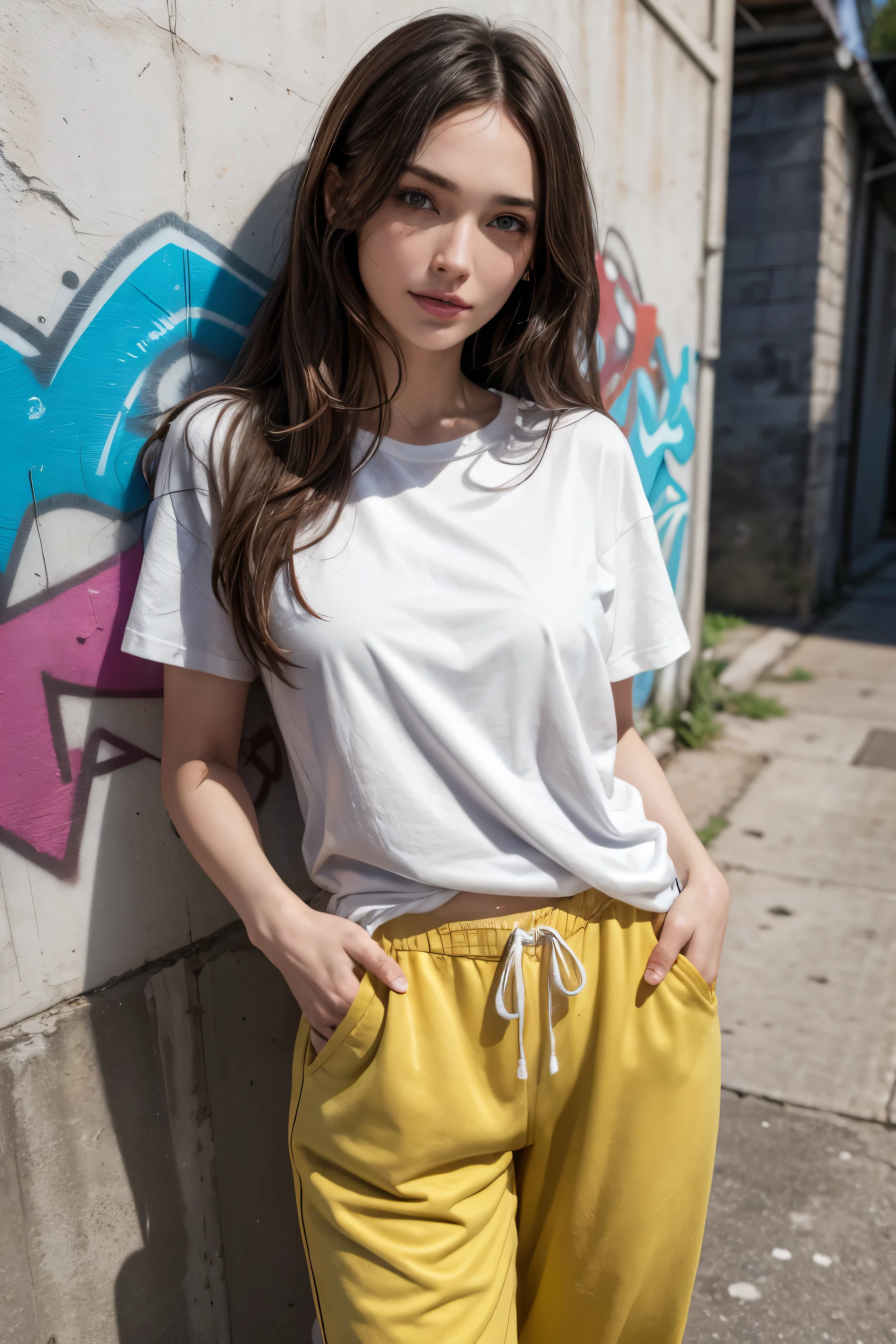 Mujer arafed con long loose white t-shirt, short sleeve t-shirt, round neck t-shirt leaning against a wall, 22 year old girl, shaped body, good gym, oversized jogging pants, lean against the wall, alley, (graffiti on the wall), hip hop, smiling, hands in pockets, perfectly symmetrical face, detailed skin, vivid colors, HdR, hard shadows, artistic photography, soft focus, masterpiece, Amazing, atmospheric perspective, diffusion, pore correlation, skin imperfections, 80mm Sigma f2, depth of field, intricate natural lightingMix of 5% Megan Fox y 15% Gal Gadot and 20% Blake Lively, long loose white t-shirt, short sleeve t-shirt, round neck t-shirt and tight pants