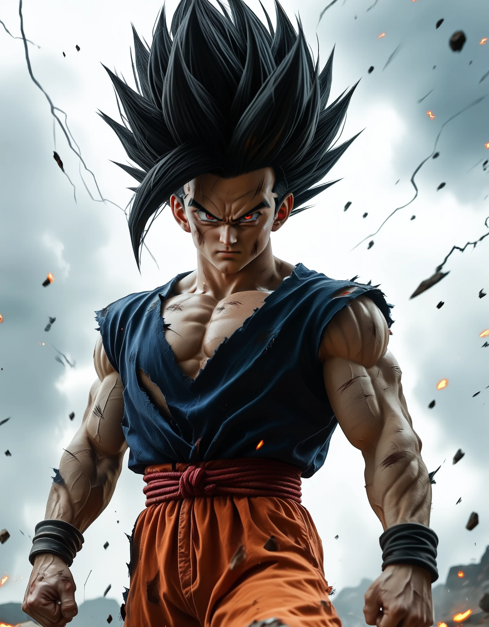 Animated, action-packed scene featuring a muscular character Gohan with spiky black hair and intense facial features, including a determined expression and a furrowed brow. The character has light skin and is depicted in a powerful stance, tearing off a red, tattered piece of clothing with his right hand while his left hand is clenched into a fist. He is wearing a dark blue, sleeveless top and orange pants, both of which are torn and damaged, revealing his muscular physique. The background is dynamic, with bright, jagged white lightning bolts and a smoky, dark atmosphere, emphasizing the character's power and intensity. In the bottom right corner, there is a small text in white that reads 'Art by: GhoulFire.'