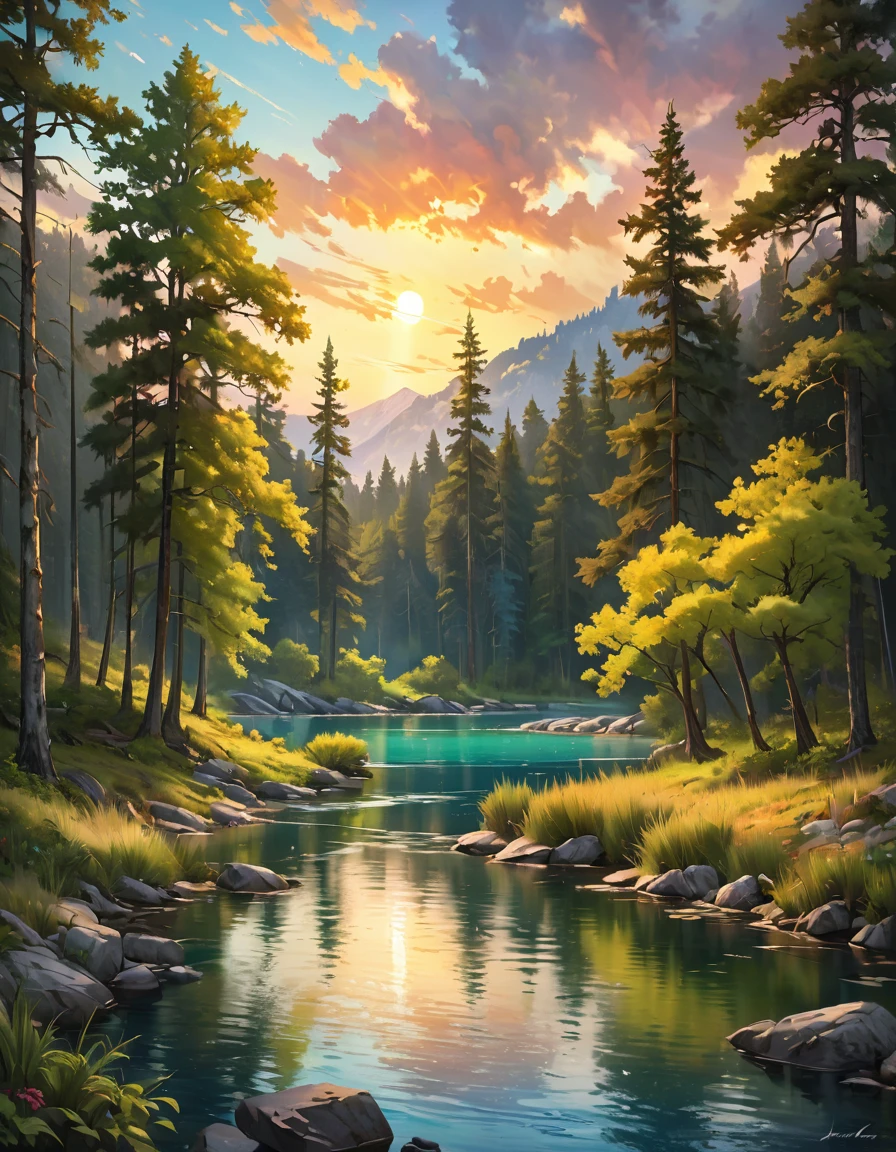 A realistic digital painting of a serene landscape with visible brush strokes, capturing the details of trees, water, and sky. The painting should have a textured feel, with layers of color and light creating a vibrant yet natural scene. The brush strokes should add a dynamic and artistic touch to the overall composition.