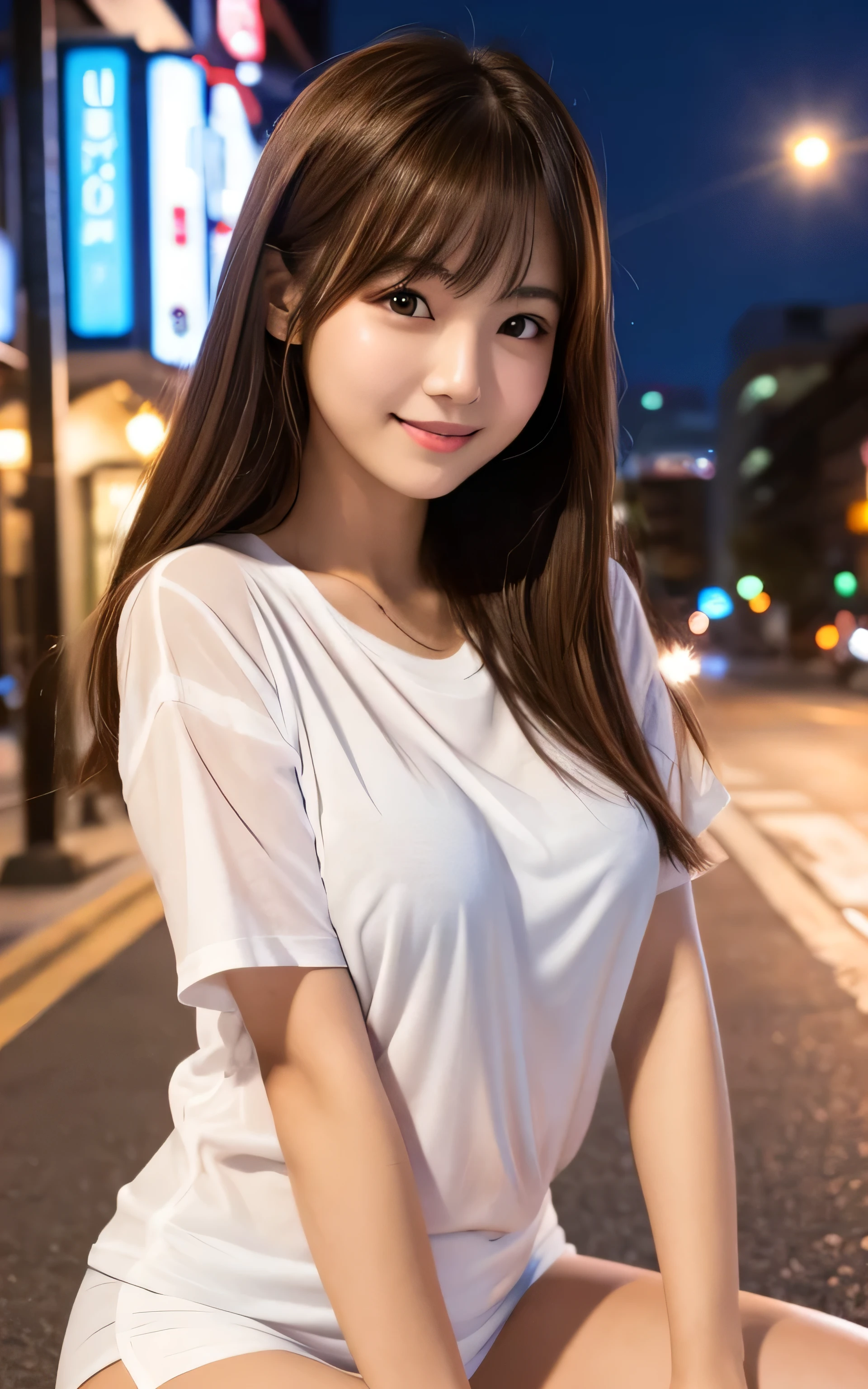 Tabletop, Highest quality, shape, Very detailed, High resolution, 8k wallpaper, Perfect dynamic composition, One Japanese woman,Beautiful and beautiful eyes, Cute eyes,Natural Lip,Mid-?????,Full body pose,,white T-shirt,miniskirt,(see-through ???????:1.1),Downtown at night,Very fine grain definition,(Round face),beautiful girl,17 years old,Realistic,Tiny bangs,Droopy eyes,A shy smile,Brown Hair,Aligned teeth,