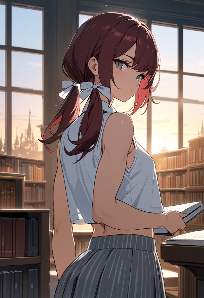 (masterpiece, best quality), solo, cel shading, solid outline, ultra detailed face, rim lighting, 1girl, from behind, stoic, reaching for book, from side, beautiful face, Gray eyes, Dark red hair, swept bangs, low twin tails, white ribbons, sleeveless white collared oversized crop top, crop top overhang, long gray skirt with white vertical stripes, gray necktie, small breasts, toned arms, abs, library, potted pants, chandeliers, balustrade, windows, sunset,