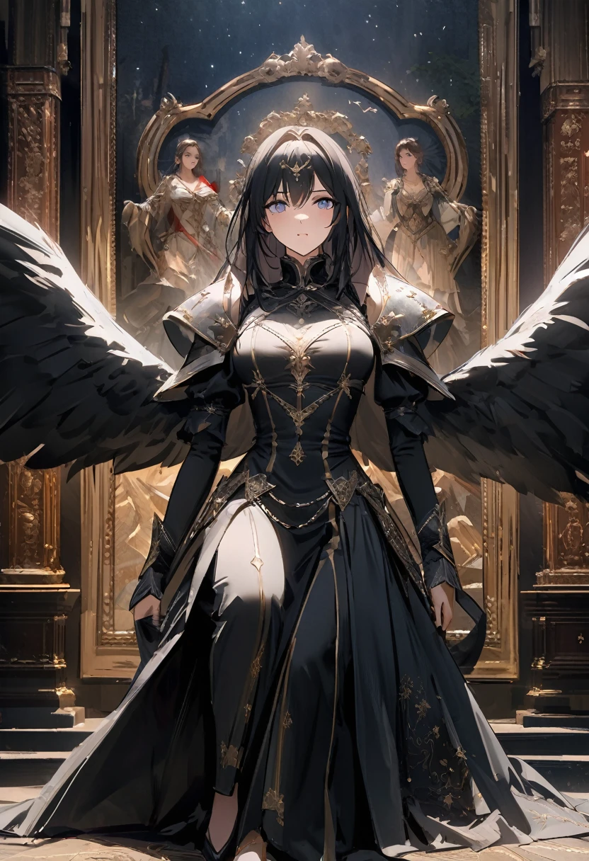 (work of art, best qualityer, ultra HD, 8k, wall-paper), Cinematic sensation, perfects eyes, detailedeyes, a man with black wings showing his entire body, Medieval costume of wide and elegant white warrior with strategic details in black, renderize a arte em uma impressionante resolução de 8k para mostrar todos os detalhes complexos, bringing the character and scene to life, set the stage under a clear, star-studded night sky, with the full moon casting its ethereal glow over the environment, capture the cinematic essence.