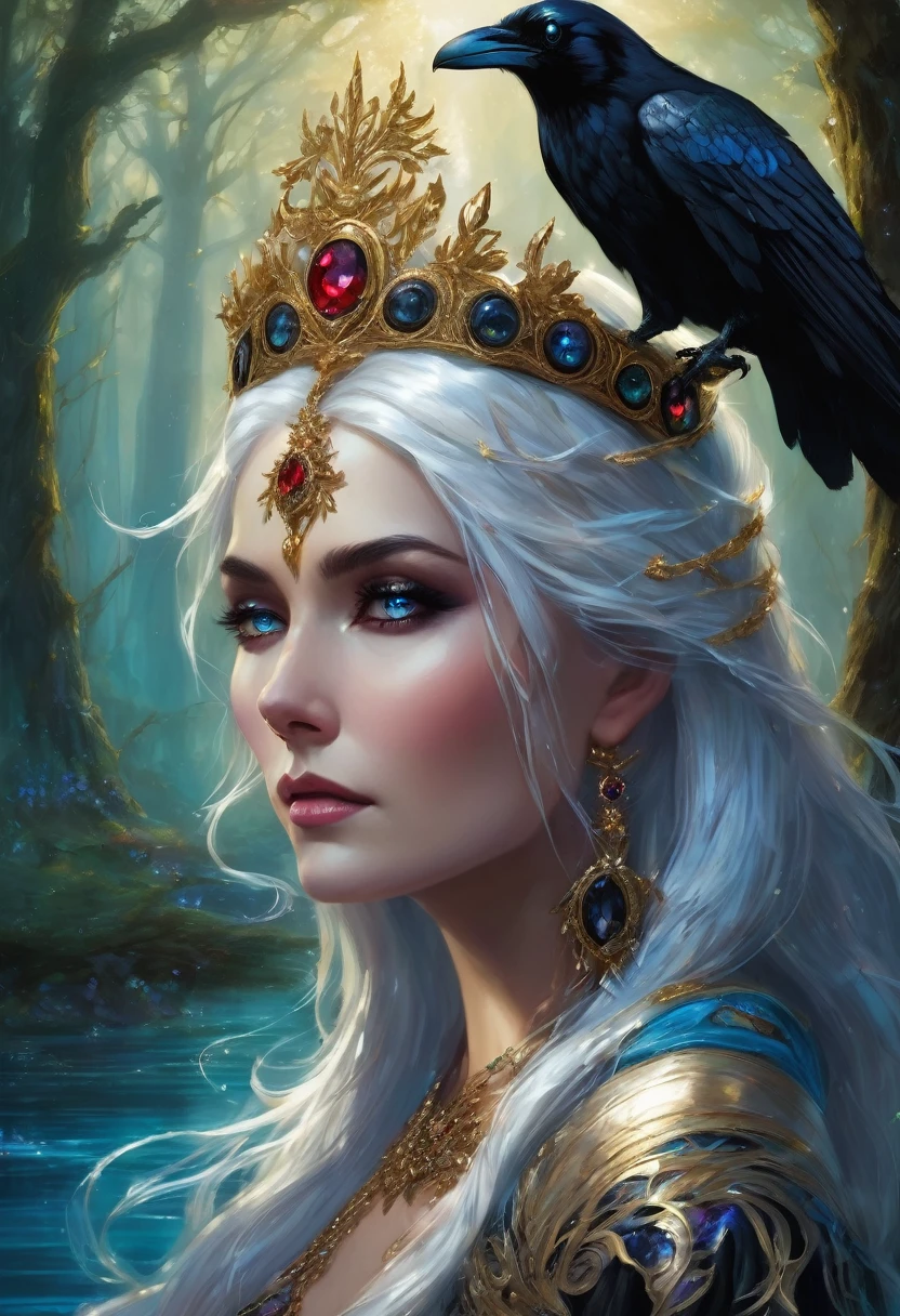 Portrait of a stunningly beautiful woman with flowing white hair, a majestic raven on her shoulder, and wearing elegant black attire that is sexy but not vulgar. She wears a crown adorned with crimson diamonds. Her eyes are a mesmerizing contrast—one golden, the other azure. Set in a vivid, magical realm, surrounded by mythical creatures like luminous fairies, ancient tree guardians, and shimmering water spirits. She stands in an enchanted forest bathed in moonlight, exuding the powerful and serene aura of a goddess