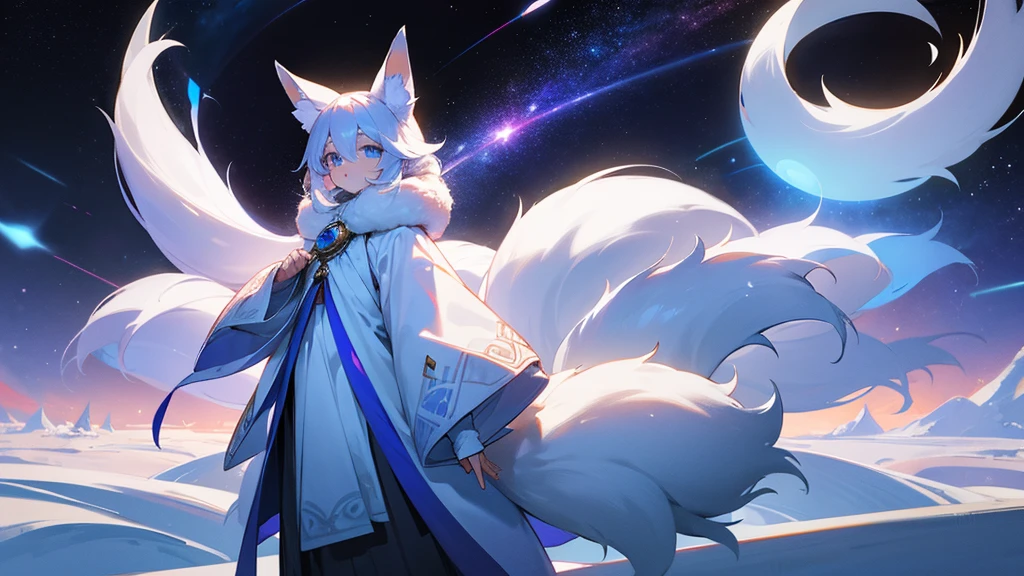 fluffy, white body, Blue eyes, big ears, A long tail, completely covered in wool, magical, Beautiful, Standing Pose, Against the backdrop of space, fox in fur, White fox