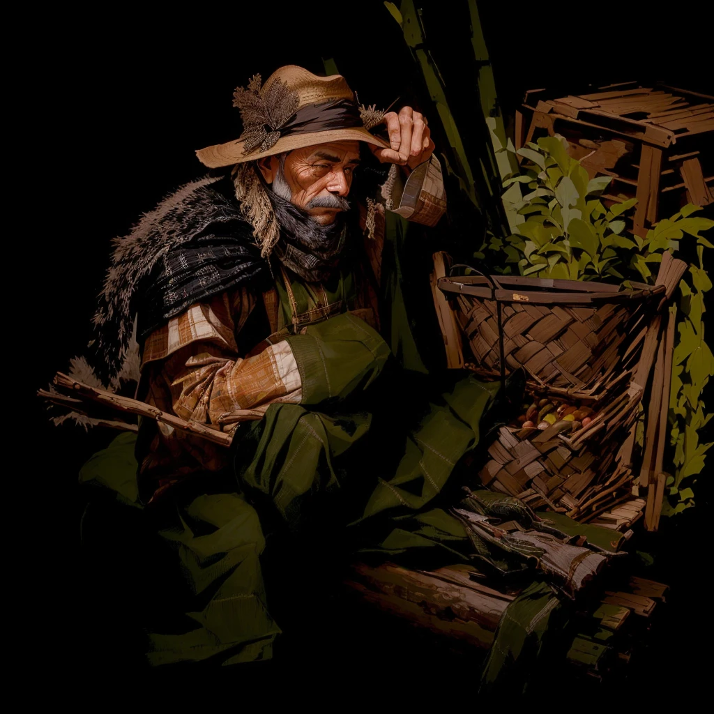 A broker wearing a hat sits on a log, beside which are various goods lined up in baskets and boxes., An illustration,Detailed details,Strong contrast