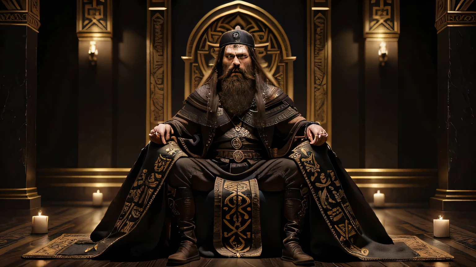 Generate a hyper-realistic HD image of Odin from the game God of War. Show him as an ancient and wise deity with a long beard and one eye, the other hidden under a patch. Adorn him in regal, dark robes with intricate designs and Norse symbols. Place him in a grand, mystical hall with ravens perched around him, exuding an aura of knowledge and authority.