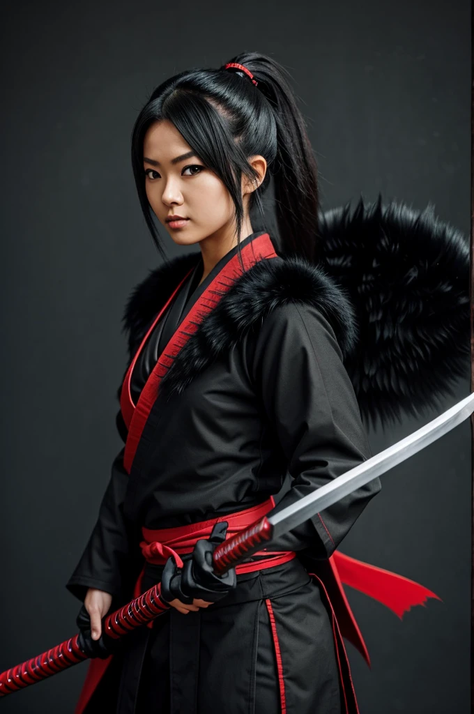 Girl, ninja, black fur, with katana, black wings, red and black costume, samurai