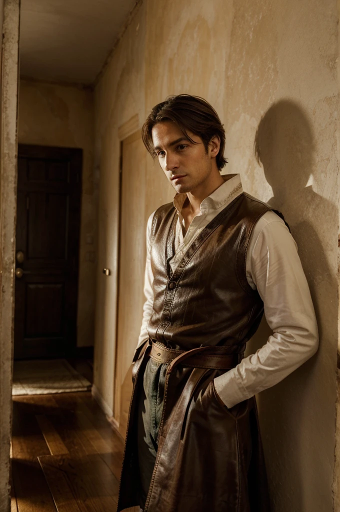 In the center of a room illuminated by the soft light of dawn, se encuentra un espejo antiguo con un marco de madera tallada, colgado en la pared. The mirror reflects the figure of a young man with a shocked expression on his face, mientras mira a su doble, un hombre vestido con ropas del siglo XVIII, whose eyes seem to contain a gleam of ancient wisdom. Alrededor del espejo, se encuentran detalles que sugieren la presencia de la magia y el misterio: velas encendidas que parpadean con una luz titilante, old books with worn leather covers and magical symbols traced on the walls. En el fondo, fantastic landscapes are glimpsed that suggest the unknown worlds that Charles and Nathaniel will explore together on their epic adventure.