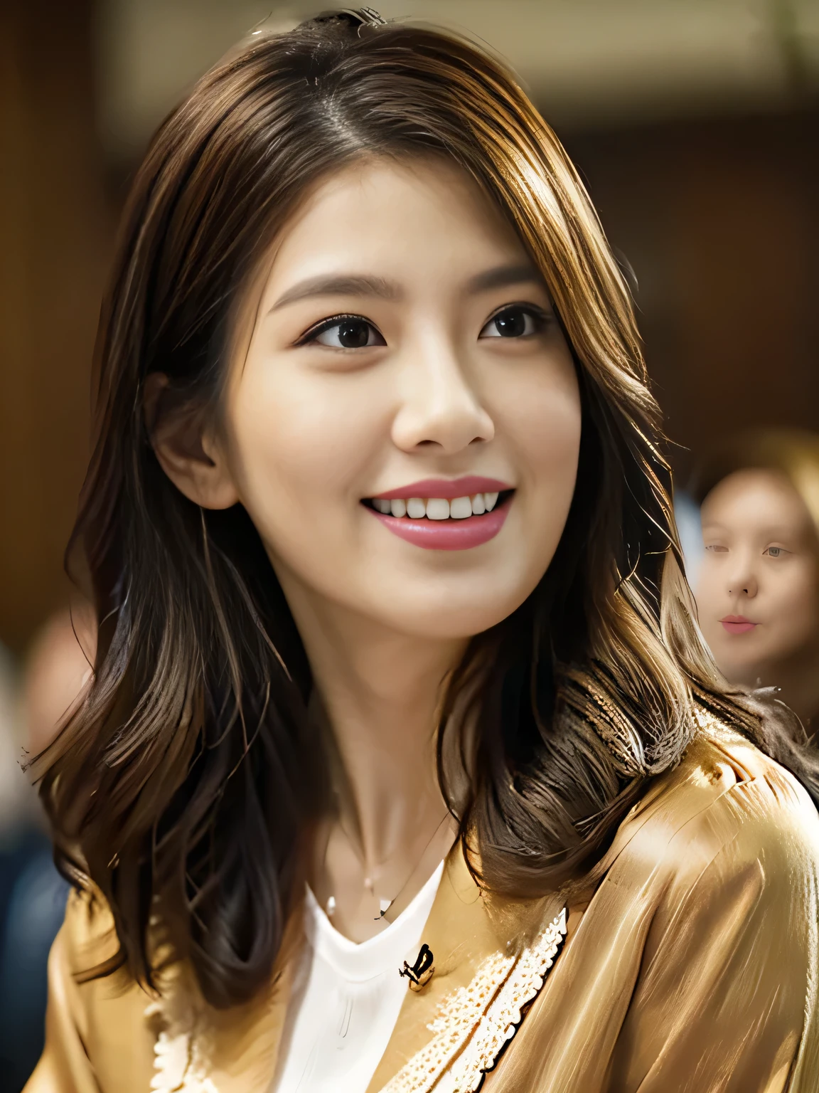 Highest quality, High resolution, realism, Original photo, 8k wallpaper, Perfect perfection, Professional Lighting, Very detailed, beautiful woman with depth of field)), Close-up photo with focus on face、Big Laugh、30-year-old woman, Facing the viewer、Watching the audience、Silk colored cut and sew、Light brown waving hair, Thick lips, Exquisitely detailed face, Eyes for exquisite detail,