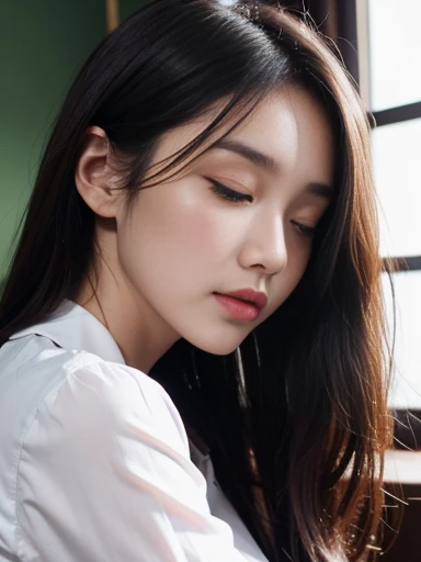 side pose:1.2, thai university uniform:1.3,Close ~ eyes:1.2,Open your mouth:1.2,Tired face:1.2,Face of Suffering:1.2,sky face:1.2,sleeping face:1.2, masterpiece、beautiful girl、fine 目、puffy eyes、highest quality, High resolution, (reality: 1.4), Cinema Lighting,so beautiful、Beautiful Skin、(super reality)、(High resolution)、(8k)、(Very detailed)、(beautiful and fine 目)、(Very detailed)、 Detailed face、black straight long hair、20-year-old、white short-sleeve button up shirt:1.2, black tight mini skirt:1.2, metal shirt buttons:1.2, in the dark classroom:1.1, tilt head back:1.2, dark tone:1.1, medium close up:1.1, hair on the face:1.2