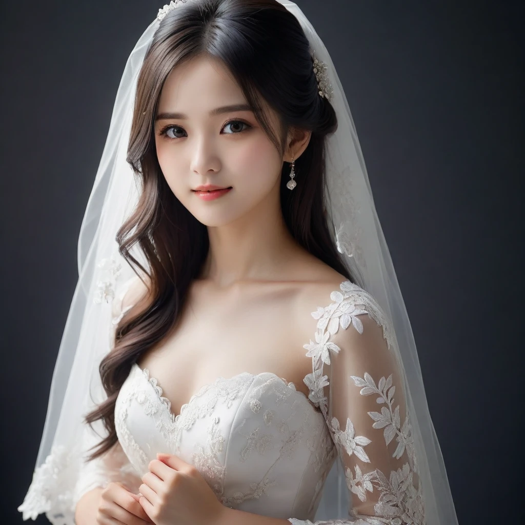 8k, Ultra-high resolution, Highest quality, masterpiece, 三分割法によるphotograph,Surreal, photograph, 1 Girl, (16 years old:1.3), pretty girl, Cute Face, Beautiful eyes in every detail, 細かくdetailedに,masterpiece,One Girl:1.2,Japan Female Teachers,extream close up,sad,light smile,Long black hair,Straight long hair,(印象派の美しい少女のPortraiture),(Impressionist light and colour), (Gray background:1.3),(White Wedding Dress:1.3),(Fairy, bride, Shiny Hair, Beautiful dark eyes, So cute and beautiful,16 years old, ), (smile:0.8),Sharp contours,Looking down, (Wedding Veil,White lace), Light from above, (Side view),, Perfect and beautiful face ,完璧でCute Face, Skin with attention to detail, Perfect limbs、Narrow waist,Looking at the audience,(((Ideal body type))),A cup small breasts :2,Portraiture:2,Perfect Anatomy,鮮明なdetailed,detailed,Surreal,Light and shadow,glowing