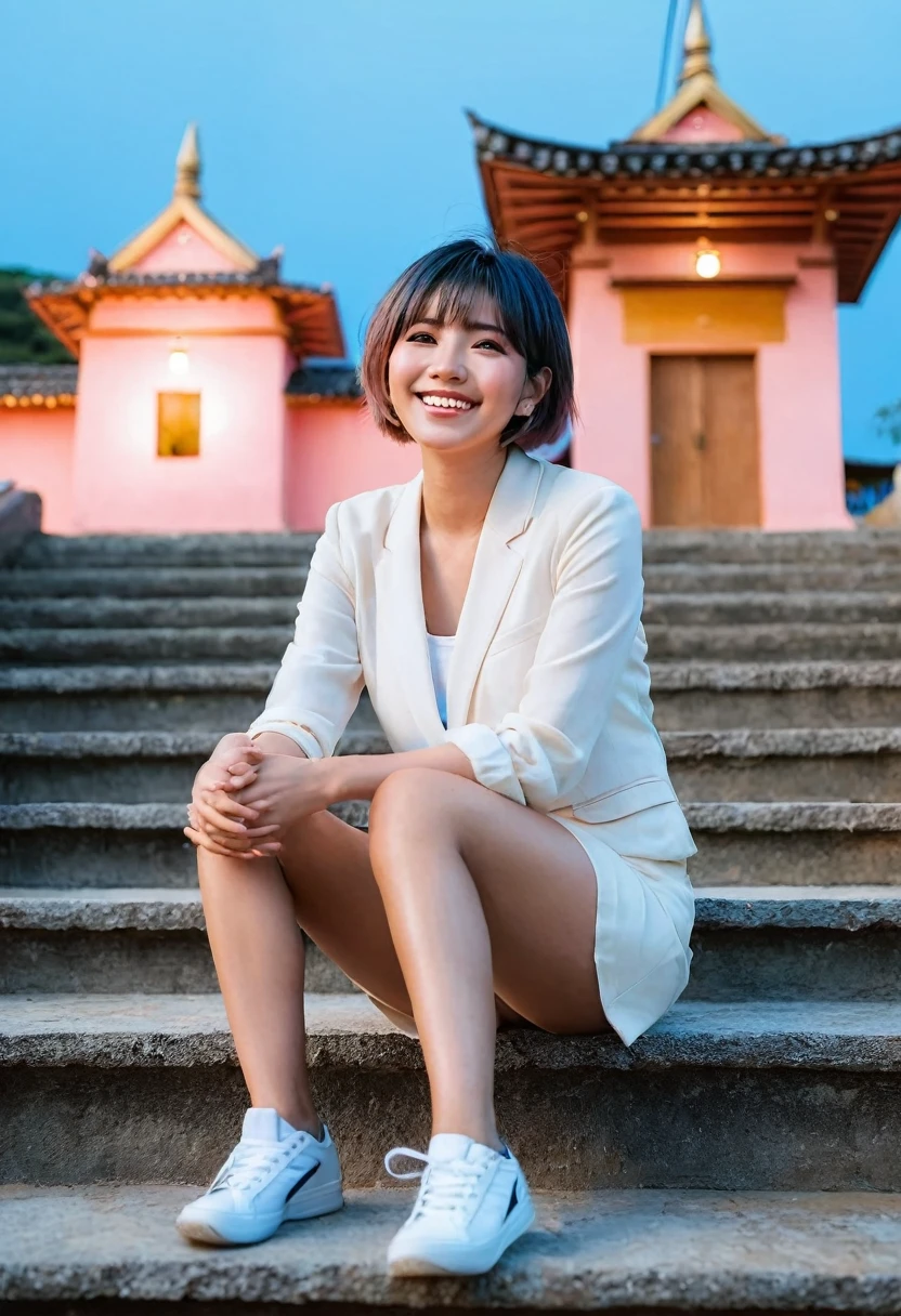 sayudef, full body, smile, blush, outdoors, daytime, simple background, blue sky, short hair, sky, temple, looking at the audience, sitting on the stairs, village, moody lights,