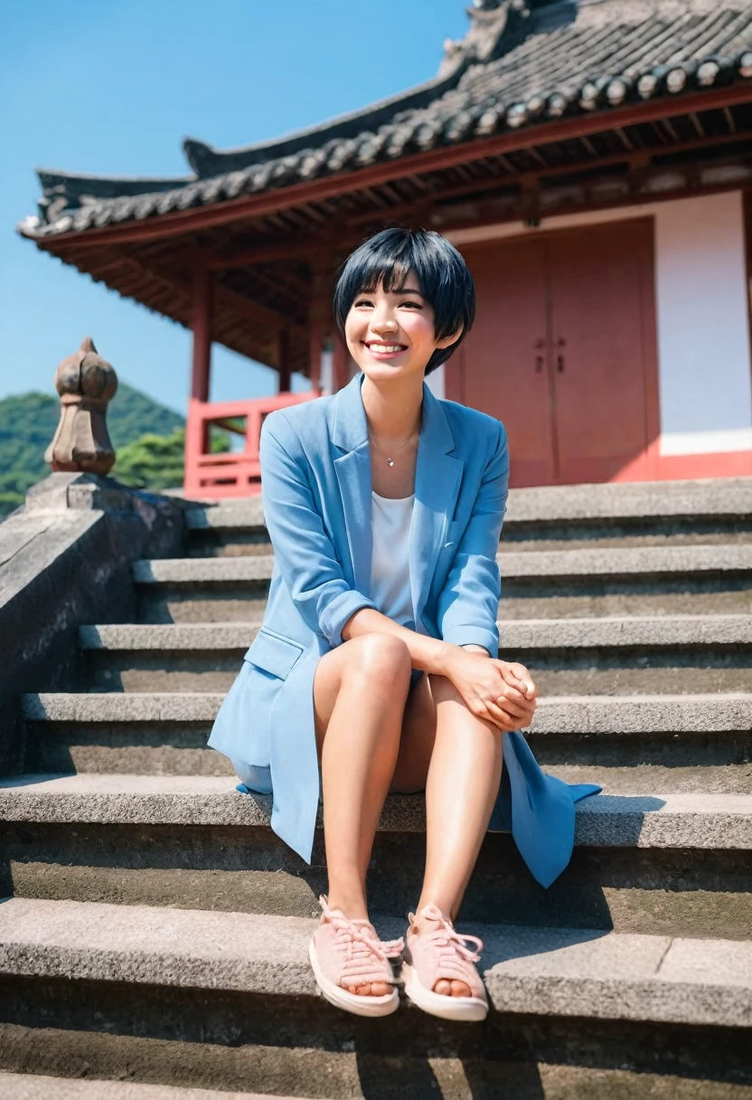 sayudef, full body, smile, blush, outdoors, daytime, simple background, blue sky, short hair, sky, temple, looking at the audience, sitting on the stairs, village, moody lights,