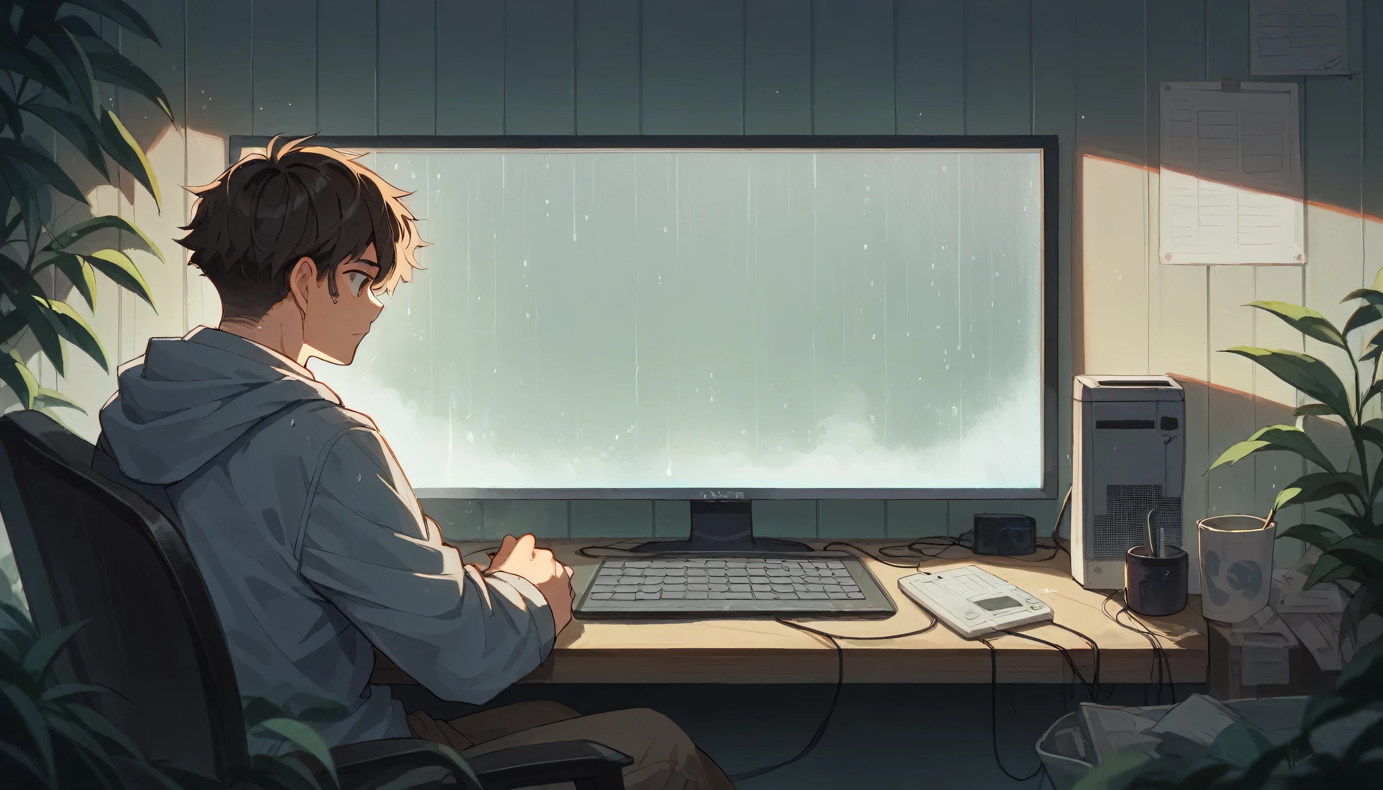 Create a peaceful environment, com plantas, drizzle and sitting in front of the computer rainy weather