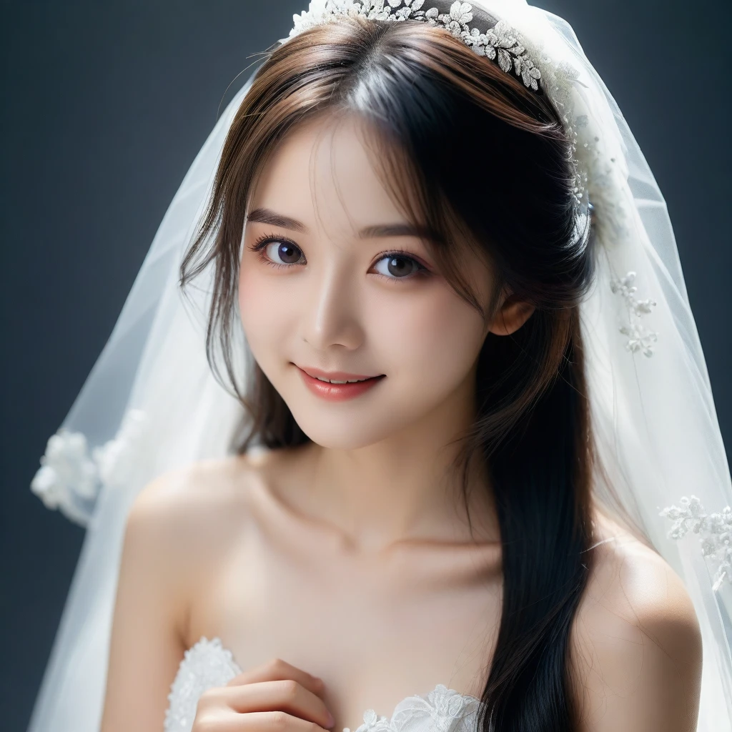 8k, Ultra-high resolution, Highest quality, masterpiece, 三分割法によるphotograph,Surreal, photograph, 1 Girl, (:1.3), pretty girl, Cute Face, Beautiful eyes in every detail, 細かくdetailedに,masterpiece,One Girl:1.2,Japan Female Teachers,extream close up,sad,light smile,Long black hair,Straight long hair,(印象派の美しい少女のPortraiture),(Impressionist light and colour), (Gray background:1.3),(White Wedding Dress:1.3),(Fairy, bride, Shiny Hair, Beautiful dark eyes, So cute and beautiful,16 years old0.8),Sharp contours,Looking down, (Wedding Veil,White lace), Light from above, (Side view),, Perfect and beautiful face ,完璧でCute Face, Skin with attention to detail, Perfect limbs、Narrow waist,Looking at the audience,(((Ideal body type))),A cup small breasts :2,Portraiture:2,Perfect Anatomy,鮮明なdetailed,detailed,Surreal,Light and shadow,glowing