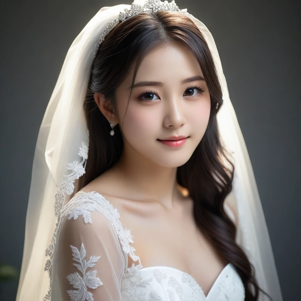 8k, Ultra-high resolution, Highest quality, masterpiece, 三分割法によるphotograph,Surreal, photograph, 1 Girl, (16 years old:1.3), pretty girl, Cute Face, Beautiful eyes in every detail, 細かくdetailedに,masterpiece,One Girl:1.2,Japan Female Teachers,extream close up,sad,light smile,Long black hair,Straight long hair,(印象派の美しい少女のPortraiture),(Impressionist light and colour), (Gray background:1.3),(White Wedding Dress:1.3),(Fairy, bride, Shiny Hair, Beautiful dark eyes, So cute and beautiful,16 years old, ), (smile:0.8),Sharp contours,Looking down, (Wedding Veil,White lace), Light from above, (Side view),, Perfect and beautiful face ,完璧でCute Face, Skin with attention to detail, Perfect limbs、Narrow waist,Looking at the audience,(((Ideal body type))),A cup small breasts :2,Portraiture:2,Perfect Anatomy,鮮明なdetailed,detailed,Surreal,Light and shadow,glowing