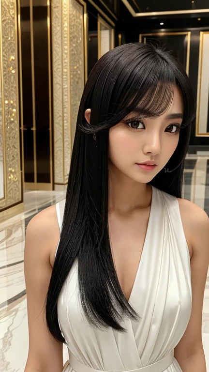 ,uma de uma mulher ela tem cabelo preto Com franja, Hime corte de cabelo preto, Ulzzang, coreano, com cabelo curto Com franja, com cabelo curto, dilraba dilmurat, garota gótica coreano cruel, penteado com corte hime branco, cabelo penteado como franja, Com franja, coreano symmetrical face,,,,,,,,,,,,,,,, - ,,,,,,,,,,,,,,,,,,,,,,,,,,,,,,,,,,,,,,,,,,,,,,,,,,,,,,dressed in a sleek cocktail dressrealistic image posing in the grand lobby of a five-star hotel, with marble floors, grand staircase, and exquisite floral arrangements."