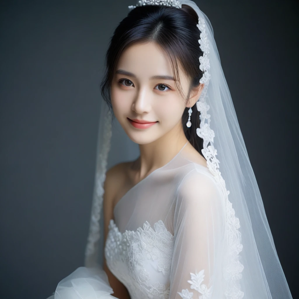 8k, Ultra-high resolution, Highest quality, masterpiece, 三分割法によるphotograph,Surreal, photograph, 1 Girl, (:1.3), pretty girl, Cute Face, Beautiful eyes in every detail, 細かくdetailedに,masterpiece,One Girl:1.2,Japan Female Teachers,extream close up,sad,light smile,Long black hair,Straight long hair,(印象派の美しい少女のPortraiture),(Impressionist light and colour), (Gray background:1.3),(White Wedding Dress:1.3),(Fairy, bride, Shiny Hair, Beautiful dark eyes, So cute and beautiful,16 years old0.8),Sharp contours,Looking down, (Wedding Veil,White lace), Light from above, (Side view),, Perfect and beautiful face ,完璧でCute Face, Skin with attention to detail, Perfect limbs、Narrow waist,Looking at the audience,(((Ideal body type))),A cup small breasts :2,Portraiture:2,Perfect Anatomy,鮮明なdetailed,detailed,Surreal,Light and shadow,glowing