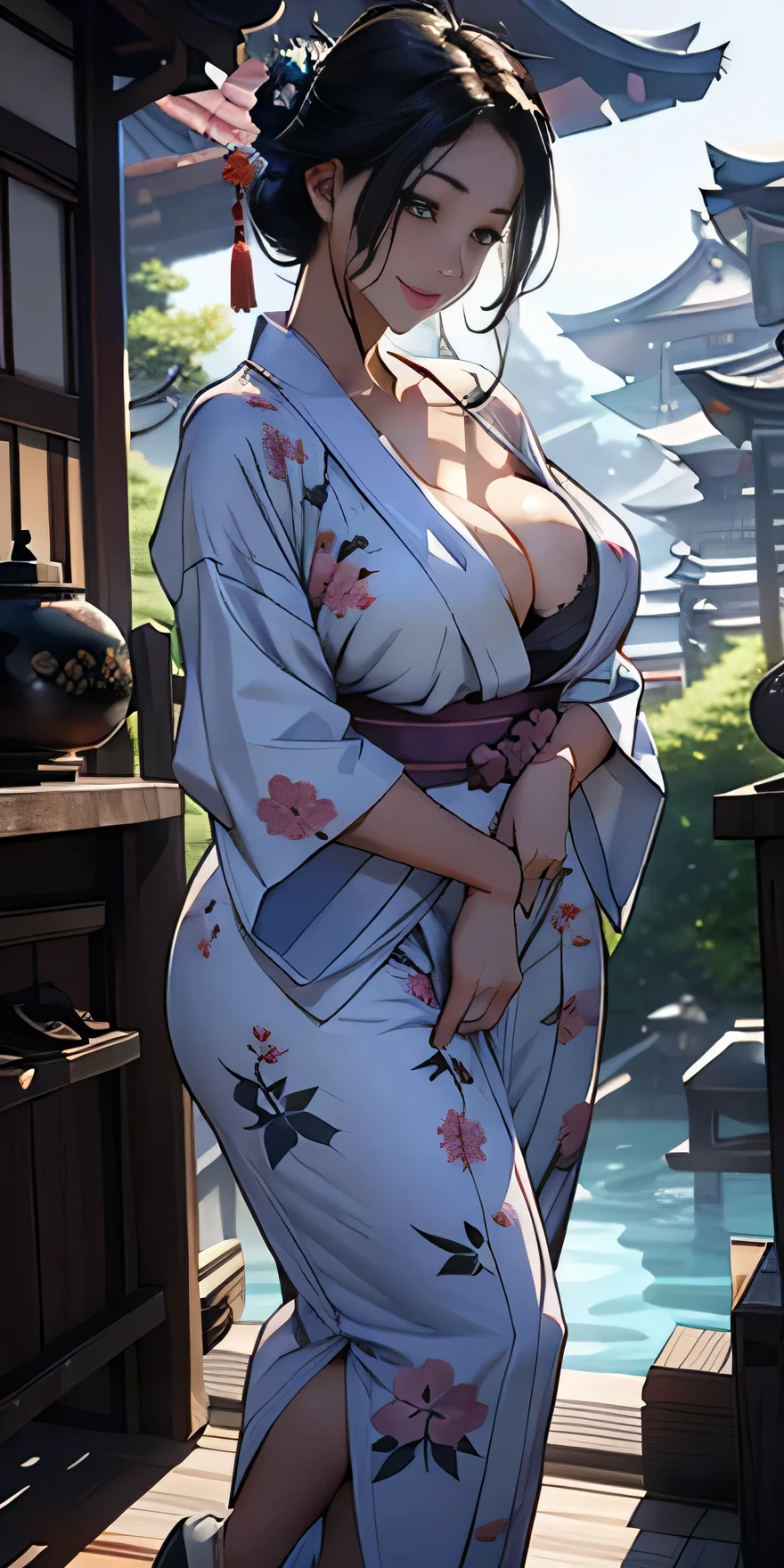 realistically、Full body contact looking up from below the ground、rear view、My thighs are also getting a little thicker、25 year old girl with accentuated thighs、Wearing a purple yukata、Breast augmentation and emphasis on cleavage、Versatile sensual poses、smile face、Japanese hot spring town Inakamachi、Emphasis on shading the chest contour