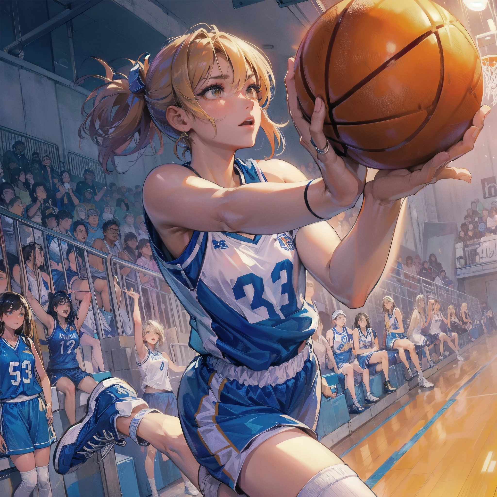 masterpiece, (textured skin), best quality, gorgeous beautiful girl, (a female basketball athlete), detailed clothes,large breasts,narrow waist,, (beautiful face), cinematic lighting, (at basketball venue ),