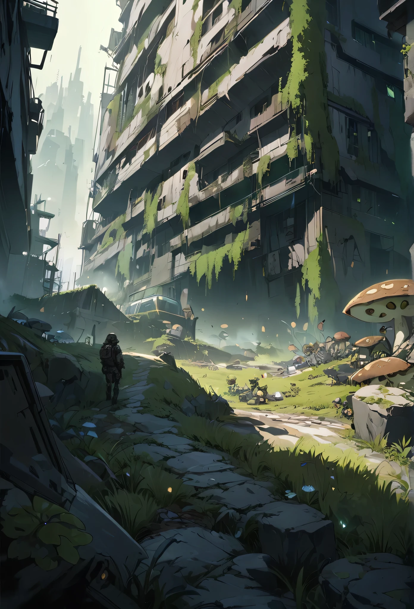 (Super detailed), (masterpiece), (Highest quality), (very detailed CG unit 8k wallpaper), a man in hazmat gas mask suit exploring Abandoned city, Follow the path, Contaminated, Abandoned, (green sky), Ignored, dawn, Concept Art, (Small growths of tiny shiny fungi, roots, spore, Contaminated air), (Greenish sky), dark, Post-apocalyptic, cinematic, Very detailed, stylized wallpaper