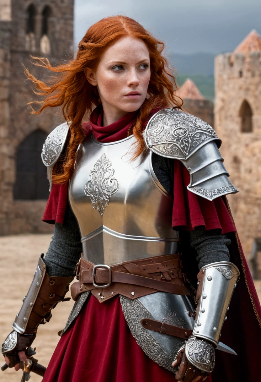 A beautiful redhead warrior, De costas, usanDo armaDura De placas, guanteletes De acero, guantes De acero y peto De acero, miranDo hacia atrás, Usar una falDa corta, falDa roja, Está in this aparecienDo., in this, (move up), fantasía meDieval, D&D, juego De rol, first work, mejor caliDaD, 8k