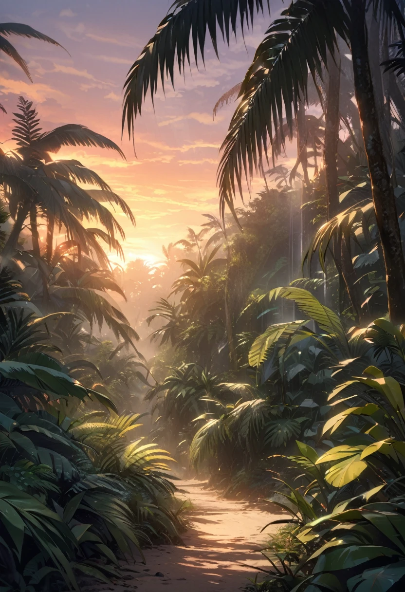 masterpiece, best quality, ultra detailed, jungle, tropical plants, sand, ferns, fog, sunset, sunlight filtering through the fog and branches