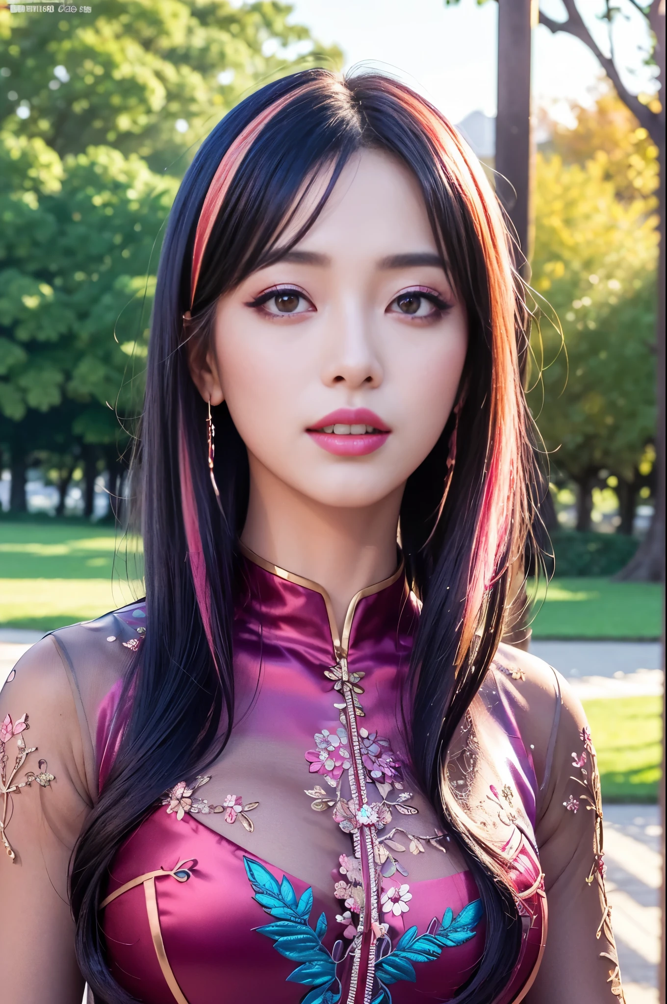 (masterpiece:1.4), (best quality:1.4), ultra high res, ultra high resolution, ((detailed facial features)), HDR, (realistic, photorealistic, photo-realistic:1.37), full body Esbian, sexy Indonesian model, (-anime), only 1 model, vivid colors, ((vivid colors multicolor (fuchsia, pink, light blue, purple) very short hair)), (happy smile), lip-gloss, long lashes, ultra detailed metallic makeup, defined eyebrows, wearing a red silk Paradise Kiss cosplay dress with black floral embroidery, ((vivid colors outfit)), vivid colors, look at the camera, cinematic light, large park background with trees, sweet and sexy pose