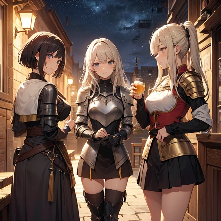 A group of  female medieval fantasy adventurers, (in tavern), various hair styles, harem, night, details face, short skirt, seducing, sleeveless, armor 